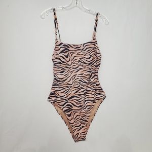 Shade & Shore One Piece Tiger Stripe Swimsuit Size Large Lace Up Back Peach Blac